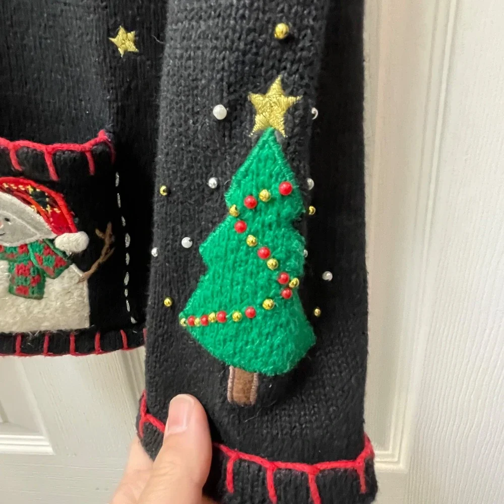 Vintage Ambria Women's Petite Med Cardigan Black Christmas Ugly‎ Sweater Beaded